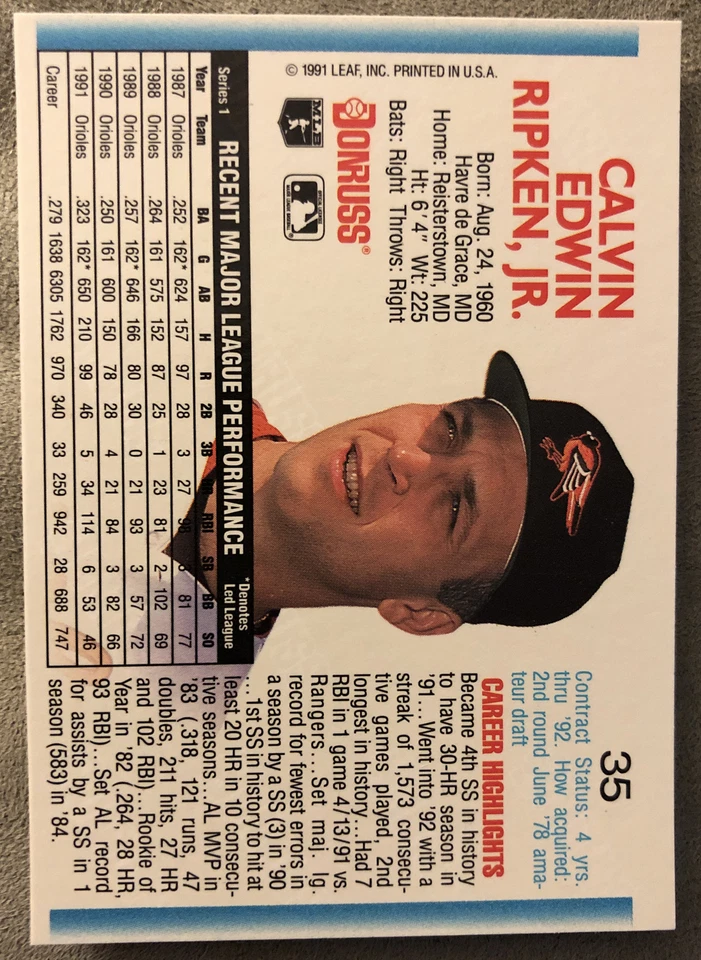 1992 Donruss Cal Ripken, Jr. Baseball Card #35 Orioles Shortstop HOF High Grade - Image 2 of 2