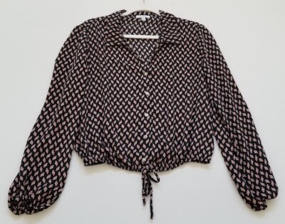 City Vibe Button Up Shirt Women s Large L Geometric Long Sleeve Elastic Hem Top