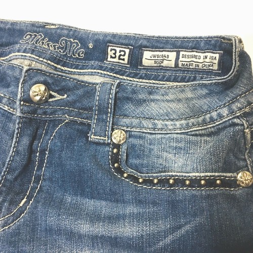 Miss Me Low Rise Flare Jean Destroyed Stretch Blue Denim 28x35 Embellished Flap - Foto 8 di 12