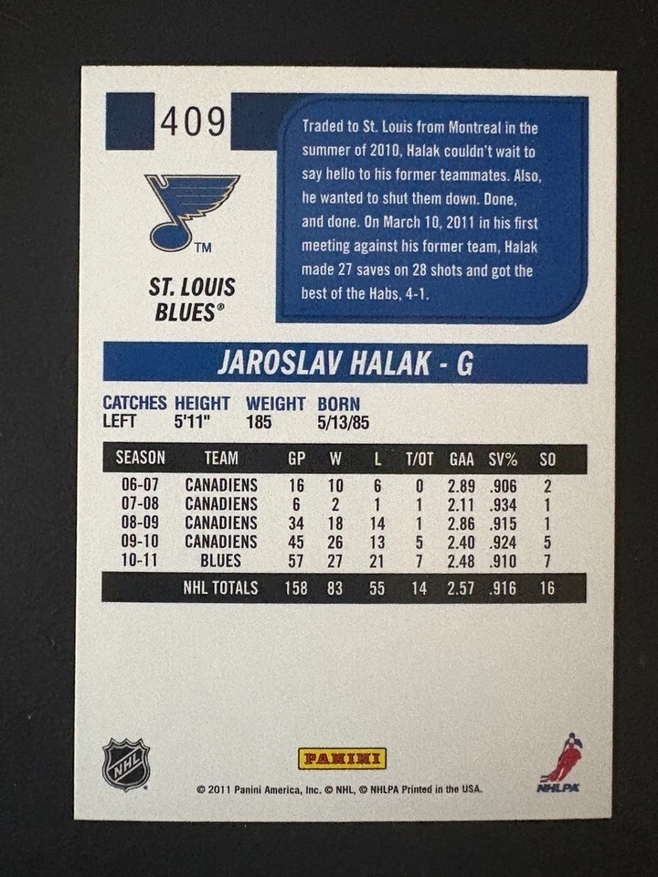 Jaroslav Halak 2011-12 Score Hockey #409 St. Louis Blues - Image 2 of 2