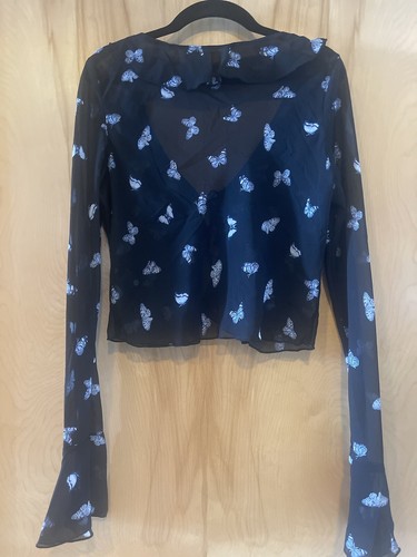 Y2K Style Butterfly Crop Top Ruffle Blouse with Tie Front Sheer Barbie Size S - Picture 5 of 5