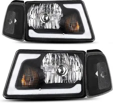 Fits 2001-2011 Ford Ranger Black Headlights+Clear Corner Lamps w/ LED Tube Pair