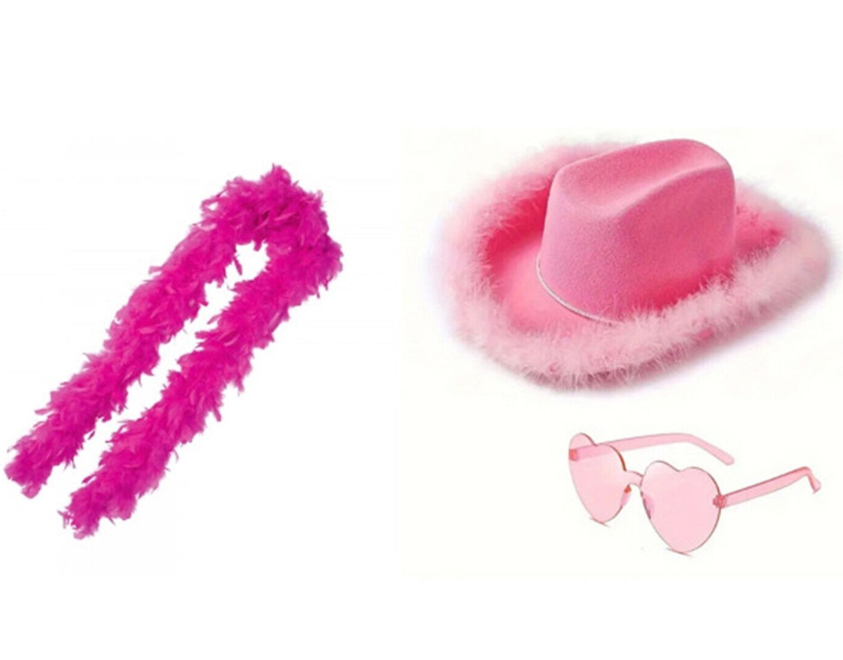 Pink Western Cowgirl Hat feather trim heart glasses boa 