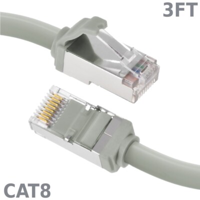 3FT Ethernet LAN Network Cat8 RJ45 S/FTP Cable Shielded Cord 28AWG 2GHz Gray