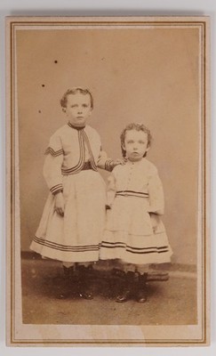 Antique CDV A. P. Drew Two Cute Young Girls Striped Dresses Dover New Hampshire