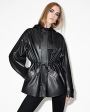ALL SAINTS Kelsea Leather Coat Black Parka Style Hooded Jacket RRP£499