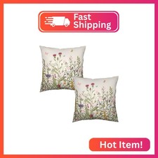 Spring Vintage Floral Pillow Covers 18x18 Set of 2 Sage Green Wildflower Plant O
