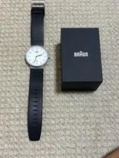 BRAUN BN0032 Leather Quartz Watch White Dial Black Strap Minimalist Design