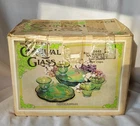 Vtg Glass Indiana Carnival Glass Iridescent Lime Green 8 Pc Harvest Snack W/ Box