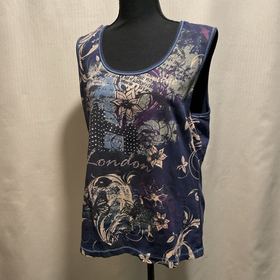 Suzee T Women s Blue London Abstract (flower and butterfly) Tank Top Sz 1X  #157