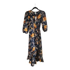 Blue Rain NWT Dress SMALL Navy Orange Floral Full Wrap Hi/Lo Ruffle 3/4 Sleeve