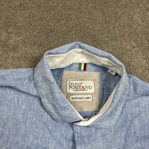 Camisa Bruno Positano Para Hombres Pequeña Mezcla de Lino Abotonada Azul Verano Informal - Imagen 3 de 9
