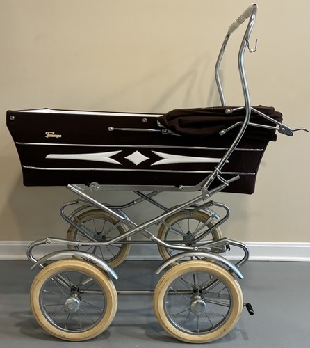 Vintage Peg Perego Pram Baby Carriage Brown Italy Chrome Spoke Wheels Bassinet