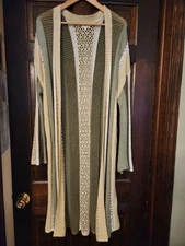POL Long Line Open Cardigan Duster Sweater Boho Size Large Green Cream Khaki