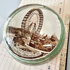 Worlds First Ferris Wheel Paperweight Chicago Fair 1893 Photo Glass Dome Antique