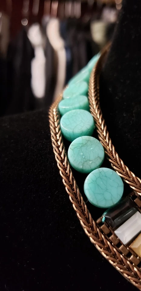 Chico's  Collar Necklace W/ Goldtone Chains,Faux Round Turquoise, Gem Baguettes  - Image 4 of 4