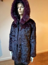 Vintage Rabbit Fur Jacket Women S M Real Fur Fox Hood Burgundy Coat