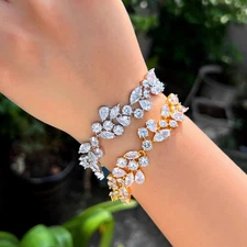 Yellow Gold Plated CZ Crystal Setting Wide Leaf Bracelet Bangle for Lover Brides