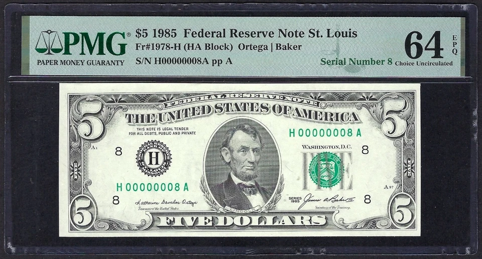 🇺🇸1985 $5 SINGLE DIGIT SERIAL NUMBER ♚♚ 00000008 ♚♚ PMG CH UNC 64 EPQ AMAZING! - Image 2 of 3