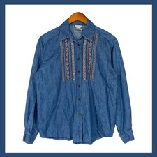 Vintage Koret Denim Shirt Embroidered Panel 90s Western Cottagecore Small