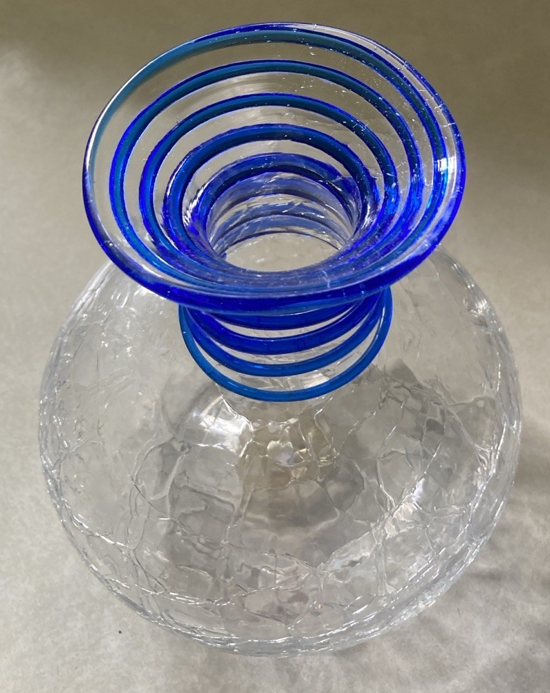 VTG Blenko Glass Crackle Vase Jar Cobalt Blue Spiral Swirl Neck 7"H