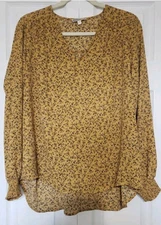 Pleione Womens Long Sleeve Top Blouse Large Pullover Balloon Mustard Floral