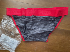 NEW 2016 Victoria's Secret PINK Wide Logo Band Red Gray Bikini Panty L Vintage