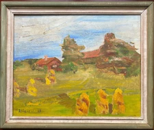 Oil Painting Sign.r. Henell & Dat. (19) 41 Hilly Landscape With Gehöfft And Hay