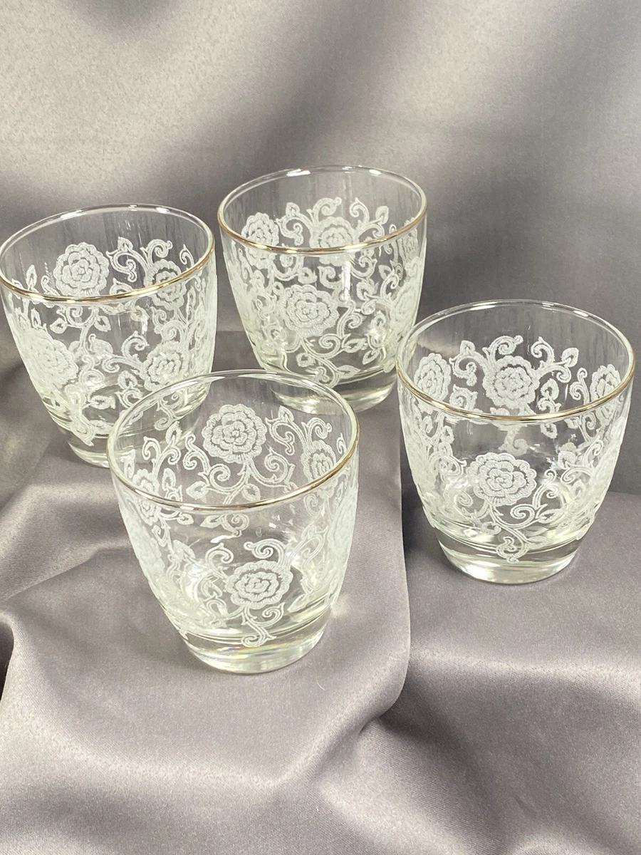 Vintage Libbey Raised Floral Lace Gold Rimmed Drinking Glasses 8oz Set of Four