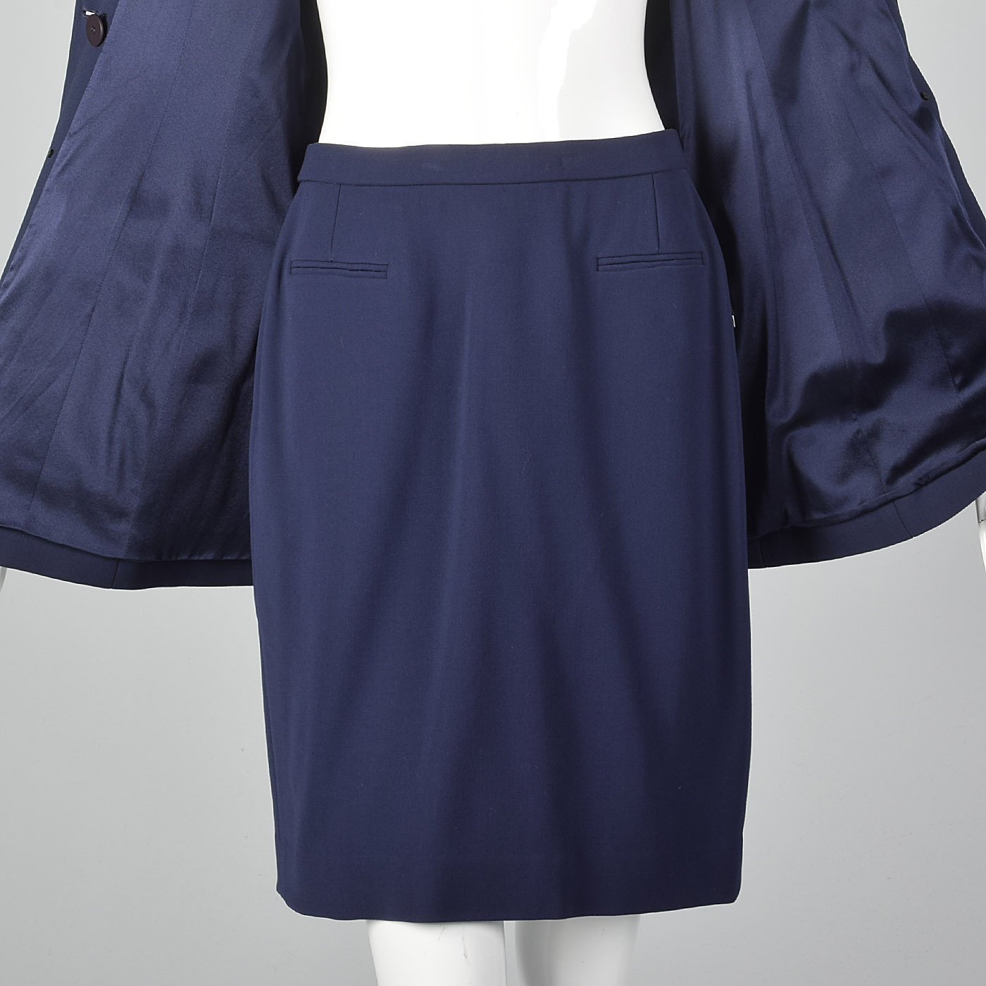 Small 1980s Donna Karan Navy Blue Skirt Suit VTG Fitted Jacket Tapered Skirt image 8
