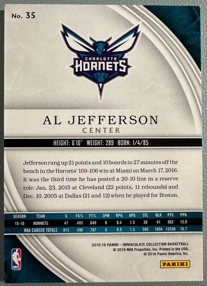 AL JEFFERSON 2015-16 Panini Immaculate Collection Bronze Parallel 46/49 - Image 2 of 3