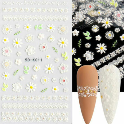 Wedding 5D Nail Stickers Embossed Daisy Flower Bride Decals Art Decoration K11