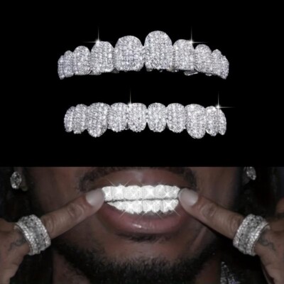 A Set Teeth Grillz Top Bottom White Gold Plated Hip Hop 5A+ ICED CZ Out Grillz