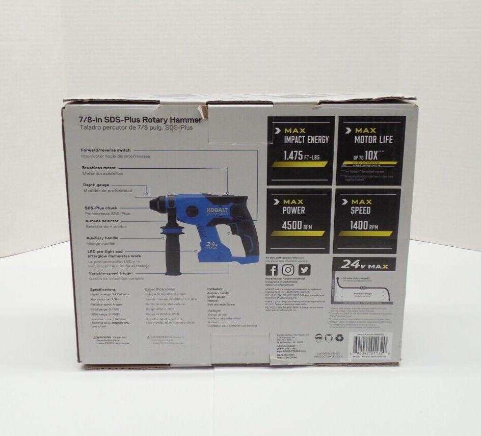 Kobalt 1260303 24v Max Brushless 7/8 inch SDS Plus Rotary Hammer Drill