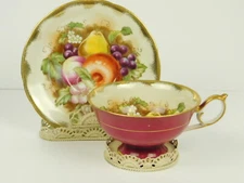 DEL MAR Japan Pedestal Pink Cup & Saucer Hand Painted Fruits 24 K Gold Trim