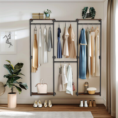 Industrial Pipe Clothes Rack Adjustable Wall-Mounted Walk-in Wardrobe with Shelf