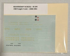 BEAVERCRAFT N DECAL-CANADIAN NATIONAL/CNR FREIGHT F-UNIT - #N-104