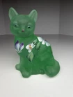 FENTON GREEN FROSTED SITTING CAT, Hand Painted Flowers, MINT