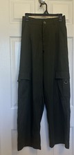 Women's Olive Wide-Leg Cargo Pants 100 Polyester Button Pocket D-Ring Accents