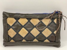 Vintage 70s Diamond Patchwork Leather Pouch Lined Hippie Cowboy Boho 8x5  