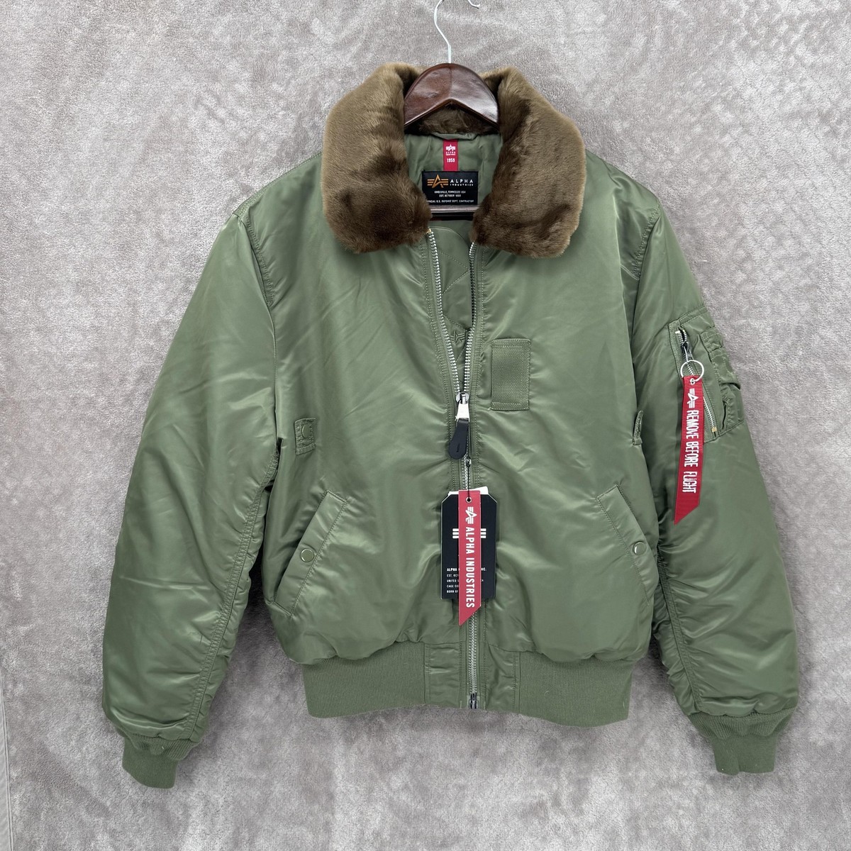 Alpha Industries Jacket Mens Large Green B-15 Bomber Faux Fur