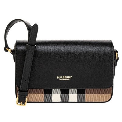 BURBERRY Hampshire black leather & classic check canvas crossbody bag authentic