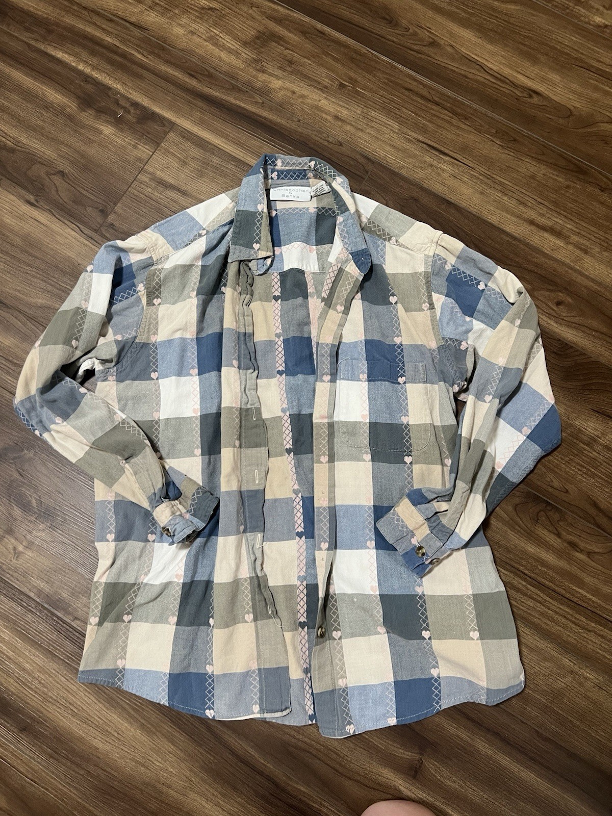 Christopher & Banks Women's Vintage Heart Plaid Long Sleeve Button-Up Shirt M