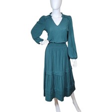 Nation LTD Midi Dress Womens XS Teal Tiered Smocked Prairie Cottagecore V Neck