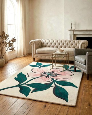 Hand Tufted White Pink Floral Design Wool Rug   Botanical Area Rug Carpet