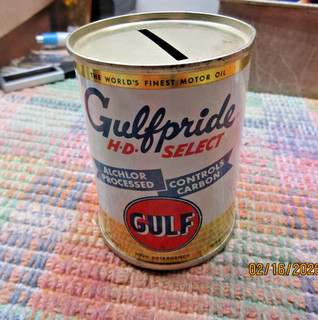 VINTAGE ADV GULFPRIDE HD SELECT GULF MOTOR OIL 2.75 INCH TALL CAN BANK !!