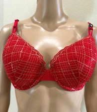 Victoria's Secret Lightly Lined Metallic Lace Bra Red With Gold 34DD,34DDD