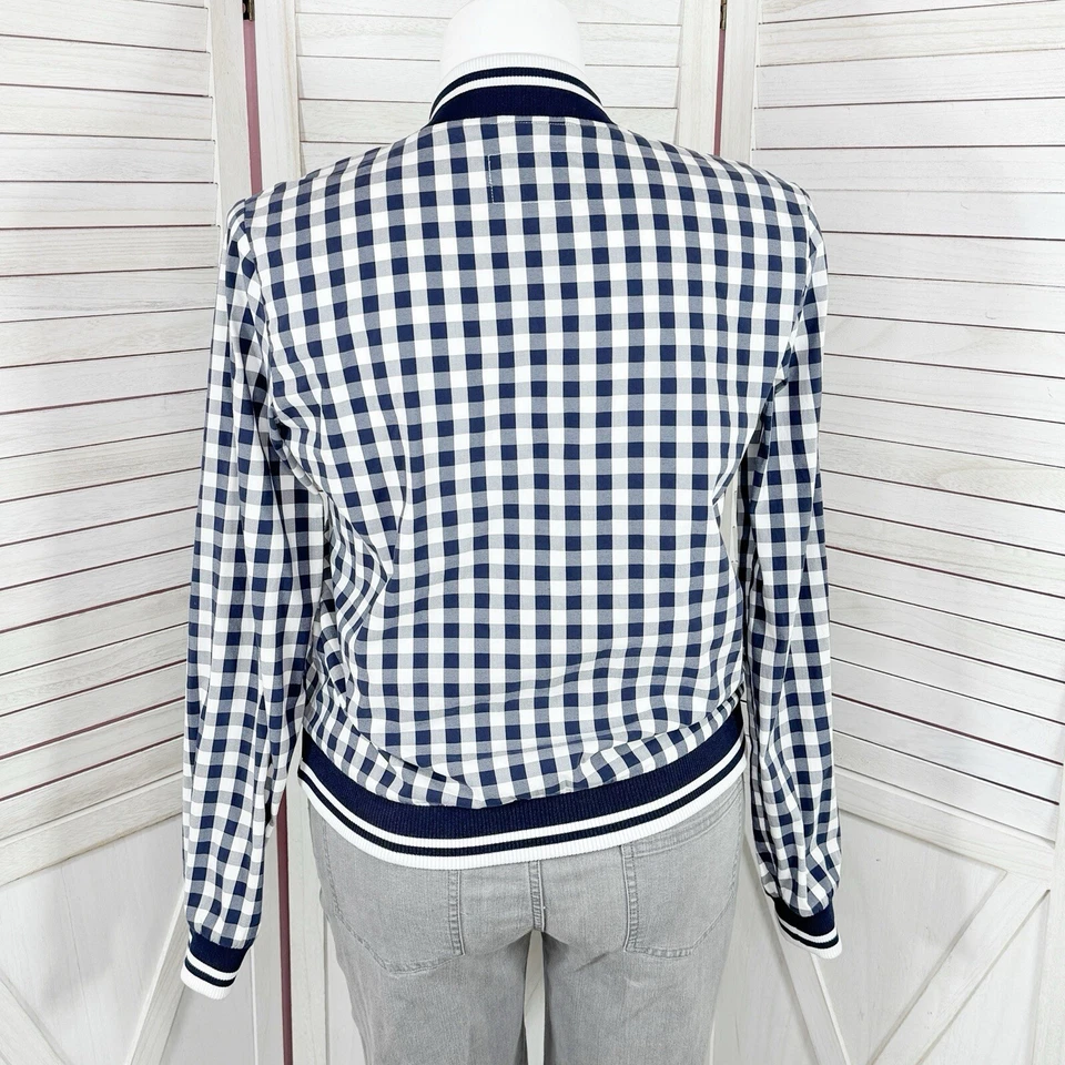 Chaqueta cortavientos Merona para mujer talla XL azul blanco a cuadros guinga bolsillo con cremallera completa Foto 4 de 4