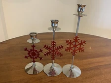International Silver Red Enameled Snowflakes Christmas Candlesticks 3pc set NEW
