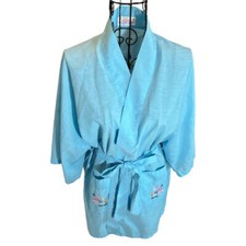 Vintage Hand Embroidered for Jodie Arden Kimono Style Short Robe Blue Size S/M